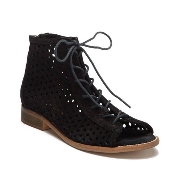 Musse & Cloud Women Aiden Sandal Elegant 10  Black Lace-Up Perforated suede Y2K - Picture 1 of 14